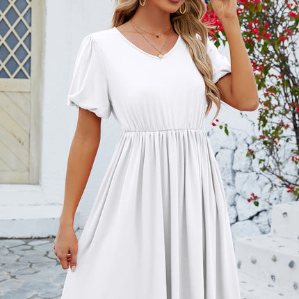 V-Neck Balloon Short Sleeve Dress