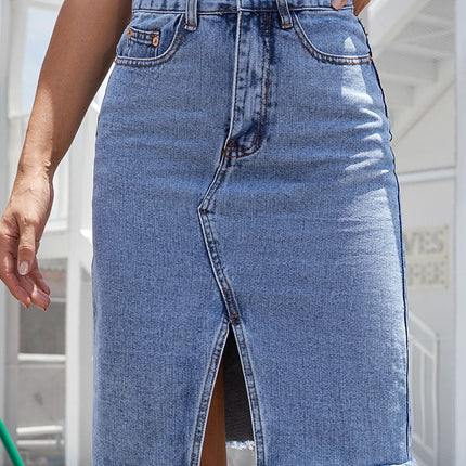 Buttoned Slit Denim Skirt