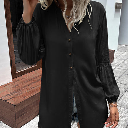 Double Take Notched Neck Balloon Sleeve Shirt