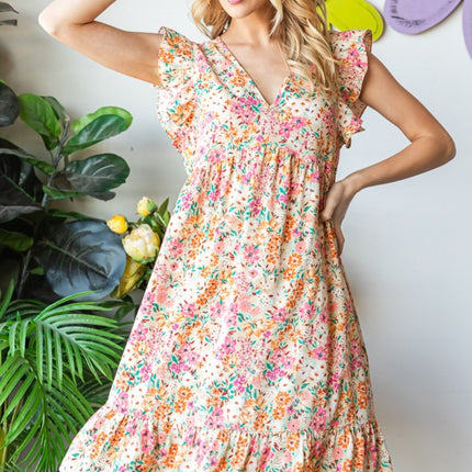 Heimish Full Size Floral Ruffled V-Neck Dress