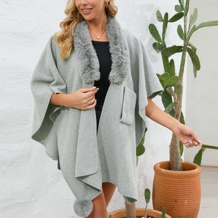 Fuzzy Trim Open Front Poncho