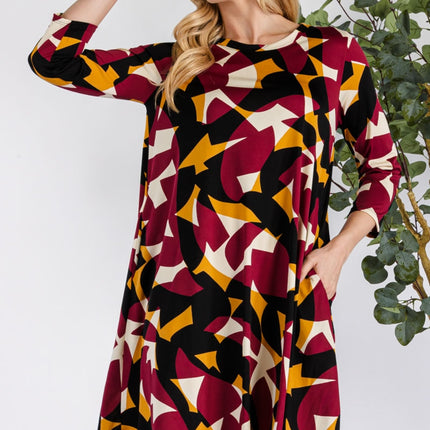 Celeste Full Size Geometric Round Neck Dress with Pockets