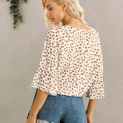 Tied Printed Button Up V-Neck Blouse