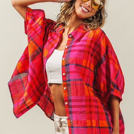 BiBi Button Up Dolman Sleeve Plaid Shirt