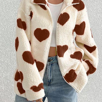 Heart Zip Up Drop Shoulder Furry Jacket