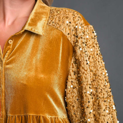 Umgee Sequin Detail Tiered Back Half Sleeve Shirt