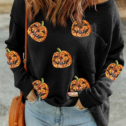 Pumpkin Round Neck Long Sleeve Knit Top