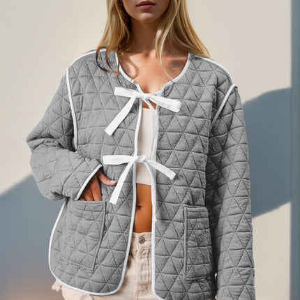 Double Take Contrast Trim Tie Front Quilted Jacket with Pockets