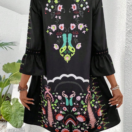 Lace Detail Printed Three-Quarter Sleeve Dress