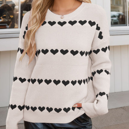 Heart Round Neck Long Sleeve Sweater