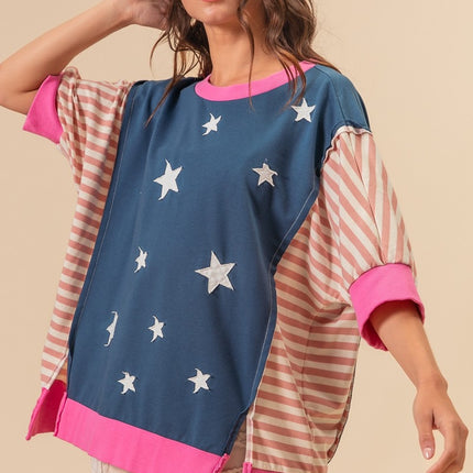 BiBi US Flag Theme Color Block Star Patch T-Shirt