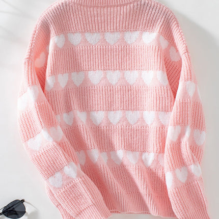 Heart Round Neck Dropped Shoulder Sweater