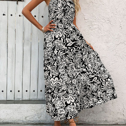Backless Smocked Printed Sleeveless Midi Dress