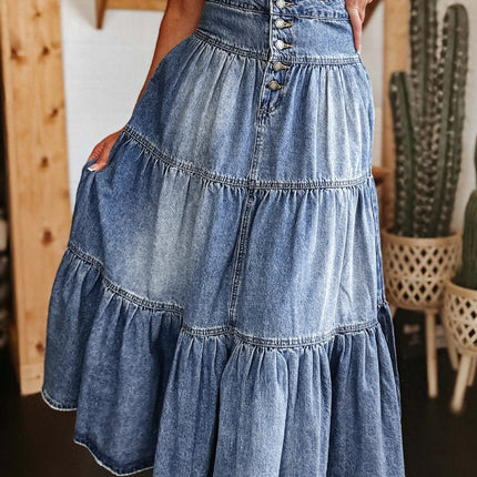 Tiered Button-Fly Denim Skirt