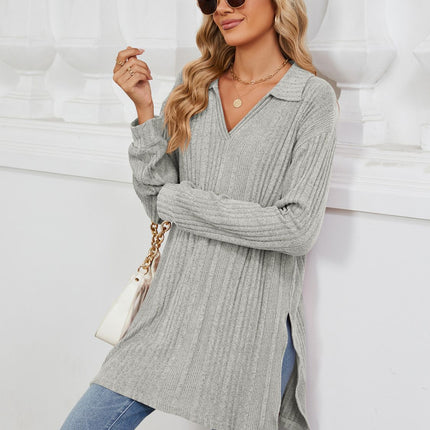 Slit Johnny Collar Long Sleeve T-Shirt