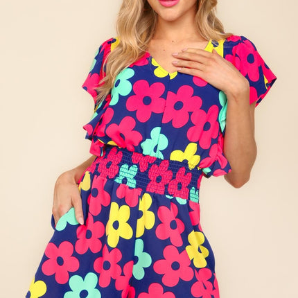 Haptics Floral Smocked Waist Romper with Side Pockets
