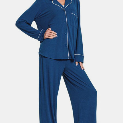 Zenana Button Down Long Sleeve Top and Pants Lounge Set