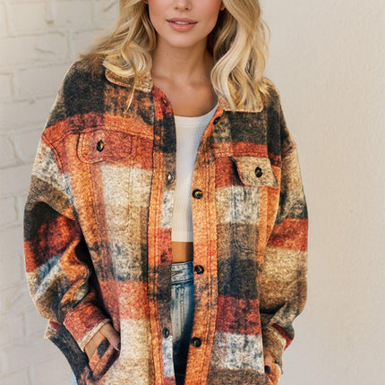 Double Take Button Up Plaid Fleece Shacket with Pockets