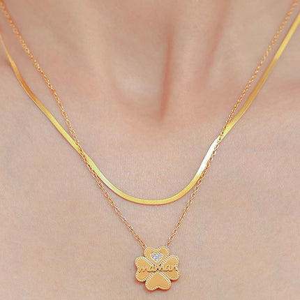 2 Piece 18K Gold-Plated Inlaid Zircon Lucky Clover Necklace