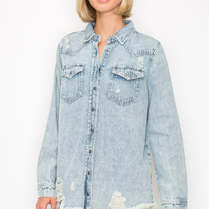 RISEN Button Up Distressed Denim Shirt