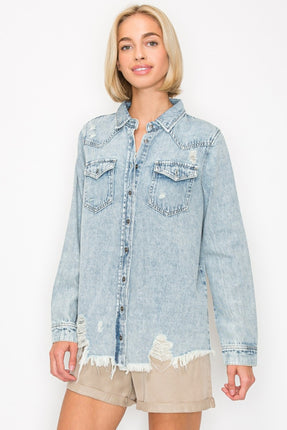 RISEN Button Up Distressed Denim Shirt