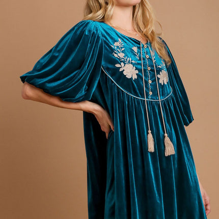 Umgee Embroidered Half Sleeve Velvet Mini Dress with Tassel