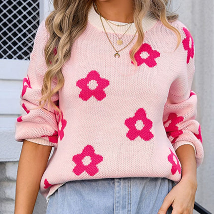 Flower Round Neck Dropped Shoulder Sweater