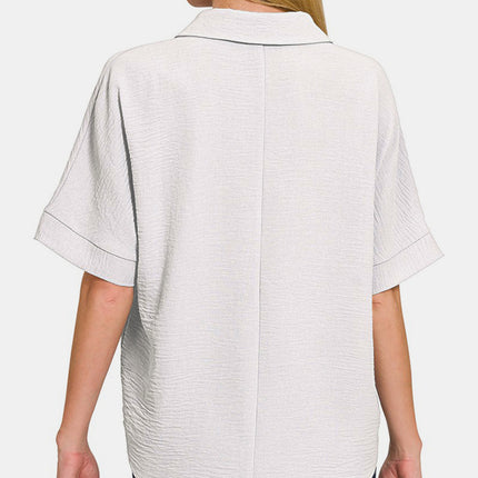 Zenana Texture Collared Neck Short Sleeve Top