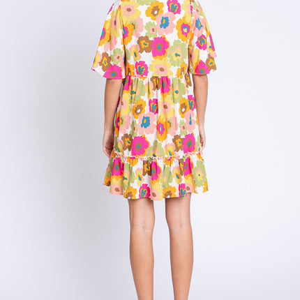 GeeGee Full Size Floral V-Neck Ruffle Trim Mini Dress