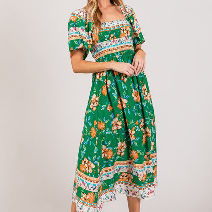 SAGE + FIG Printed Smocked Short Sleeve Midi Dress