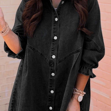 Distressed Collared Neck Flounce Sleeve Denim Dress