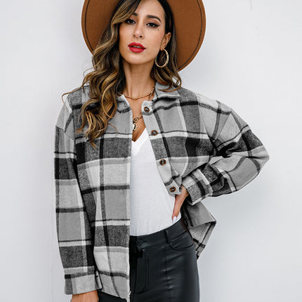 Shiny Plaid Button Up Collared Neck Jacket