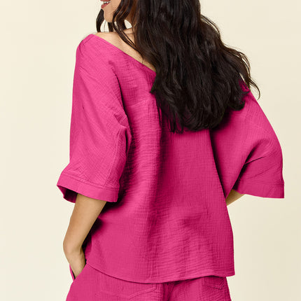 Double Take Texture Half Sleeve T-Shirt and Drawstring Shorts Set - Vickie Lynn's