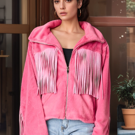 Fringed Zip Up Fleece Jacket