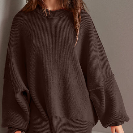 Double Take Side Slit Round Neck Long Sleeve Sweater