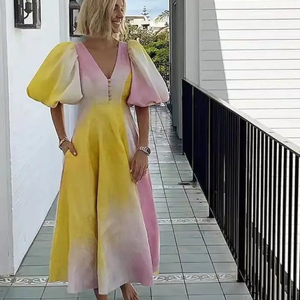2023 Autumn Print Holiday Women Beach Dress With Belts A-line Long Lantern Sleeve Single Breasted Lapel Seaside Dresses Robe