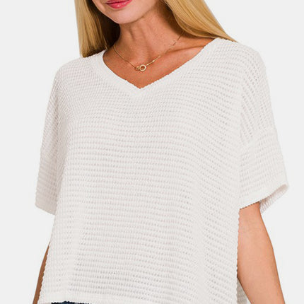 Zenana Drop Shoulder Short Sleeve Jacquard Knit Top