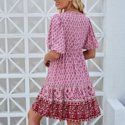 Printed Tie Neck Half Sleeve Dress