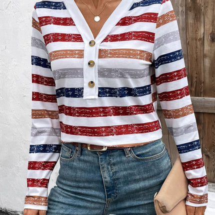 Contrast Striped V-Neck Long Sleeve T-Shirt