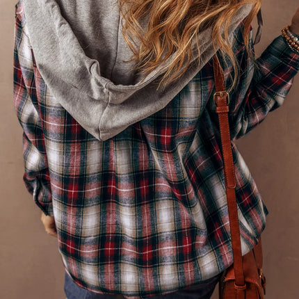 Drawstring Plaid Button Up Hooded Shacket