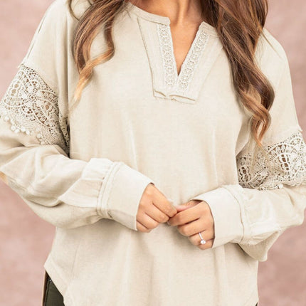 Notched Crochet Long Sleeve Sweatshirt