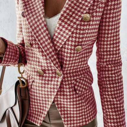 Houndstooth Collared Neck Double-Breasted Blazer