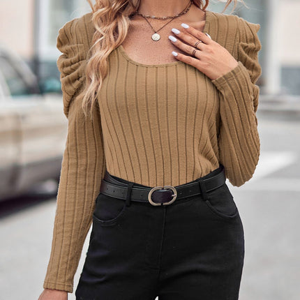Ribbed Scoop Neck Puff Sleeve T-Shirt