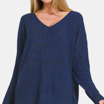 Zenana High-Low Center Seam V-Neck Sweater