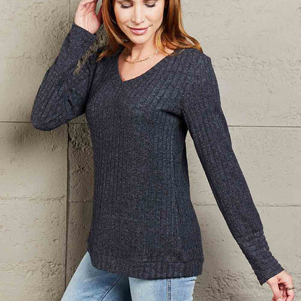 Double Take V-Neck Long Sleeve Ribbed Top