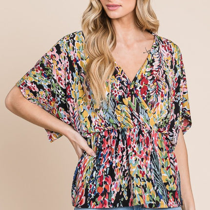 BOMBOM Printed Surplice Peplum Blouse