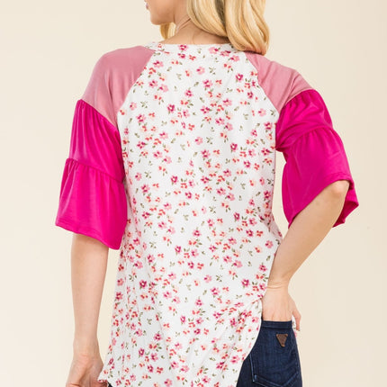 Celeste Full Size Floral Contrast Bell Sleeve Top