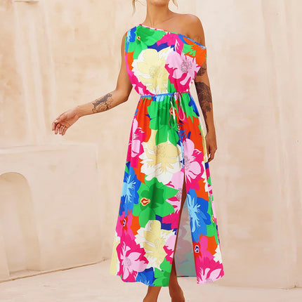 Printed One Shoulder Short Sleeve Dress