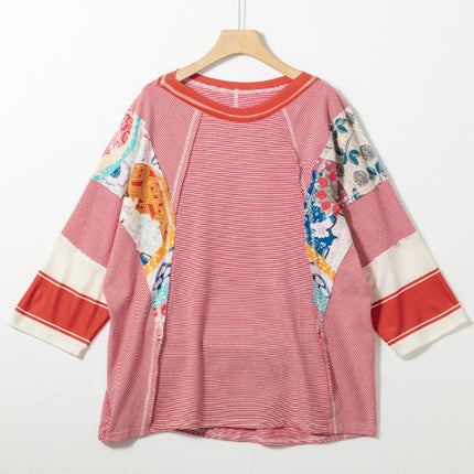 Striped Floral Patchwork Round Neck Top