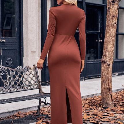 Slit Twisted Surplice Long Sleeve Dress